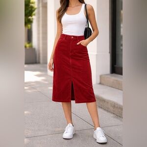 Style & Co. Dark Red Corduroy Midi Skirt with Front Slit